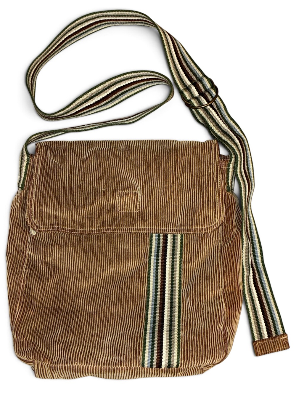 Burton Casual Brown Corduroy Large Messenger Crossbody Bag Striped Accent/Strap